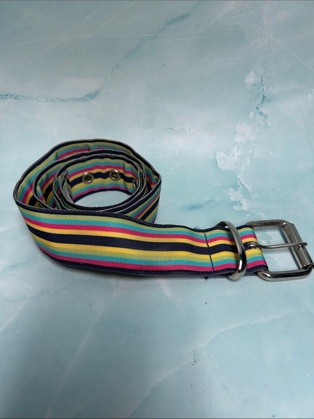 Striped Multicolor womens Webbing Belt - Blue, Yellow, Pink